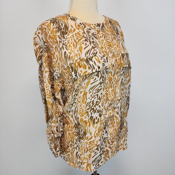 Robert Graham Zebra Print Silk Blouse Size L Orange Tab Sleeves Button Up Office - Picture 6 of 16